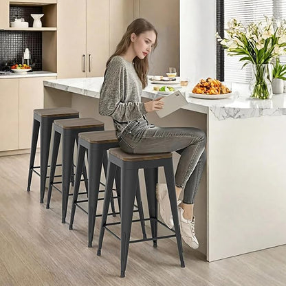 30 inch Backless Bar Stools Set of 4, Indoor Metal Bar Stools with Wood Seat, Industrial Counter Height Barstools for Kitchen Island, Black