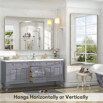 40x32 Inch Brushed Nickel Bathroom Mirror, Brushed Silver Metal Framed Wall Mirror, Rounded Corner Rectangle Modern Vanity Mirror, Tempered Glass, Anti-Rust, Shatterproof (Horizontal/Vertical)