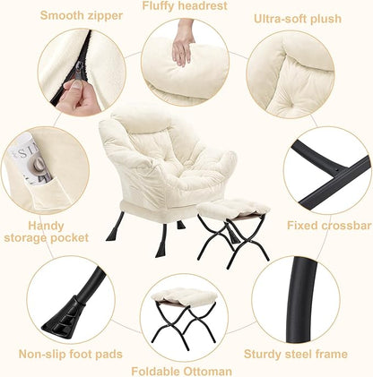 Fabric Lazy Chair with Ottoman, Oversized Upholstered Sofa Chair for Adults, Plush Comfy Lounge Chair with Large Side Storage Pocket, Reading Chair for Living Room, Bedroom, Study Room, Beige