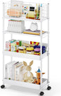 KINGRACK Slim Storage Cart, 4-Tier Metal Utility Rolling Cart with Wheels, Narrow Mobile Shelving Unit, Bathroom Storage Organizer, for Office, Kitchen Bathroom, Laundry Room, Narrow Places, White
