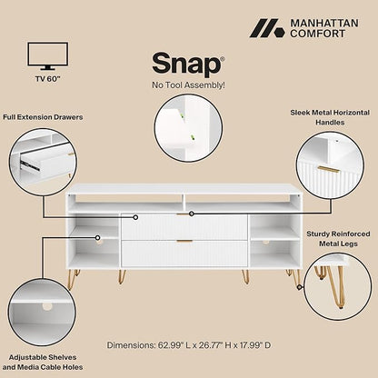 Manhattan Comfort Dumbo Mid Century Modern TV Stand for Televisions up to 60 Inches, Home Entertainment Center with Storage, 6 Shelves, 2 Drawers, No Tool Assembly, 63" Wide, White