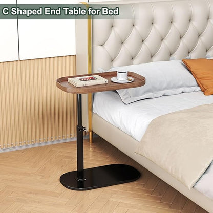 Adjustable Height C Shaped End Table with Wheels,360°Swivel Side Table, Top Tilting Laptop Stand TV Table for Sofa/Bed, Couch Tables that Slide under,Small Coffee Table for Living Room (walnut A)