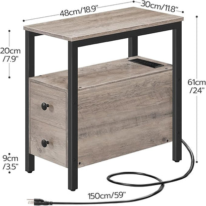 HOOBRO End Table with Charging Station, Narrow Side Table with 2 Drawers & USB Ports & Power Outlets, Nightstand for Small Spaces, Bedroom, Living Room, Stable and Sturdy, Greige and Black BG541BZ01