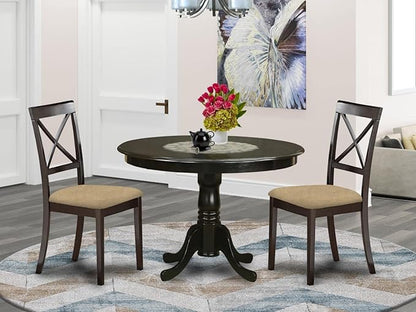 East West Furniture HLBO3-CAP-C 3 Piece Dining Table Set for Small Spaces Contains a Round Dining Room Table with Pedestal and 2 Linen Fabric Upholstered Chairs, 42x42 Inch, Cappuccino