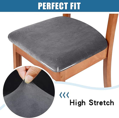 Smiry Velvet Seat Covers for Dining Room Chair Set of 4, Stretch Fit Removable Washable Chair Seat Cushion Protector Slipcovers with Ties, Grey