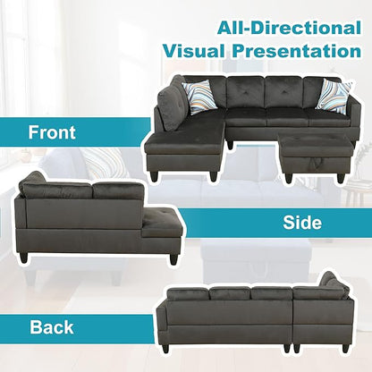 L Shaped Couch Modern Sectional Couch Upholstered Flannel Fabric 3 Pieces Sofas for Living Room with Chaise, Storage Ottoman for Office and Small Apartment, Grey