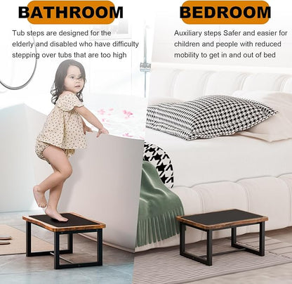 Wooden Step Stool with Non-Slip mat,Bed Steping Stool for Adult Hold up to 500lbs，Wood One Step for Kitchen, Bedroom, Living Room, Bathroom… (Brown)