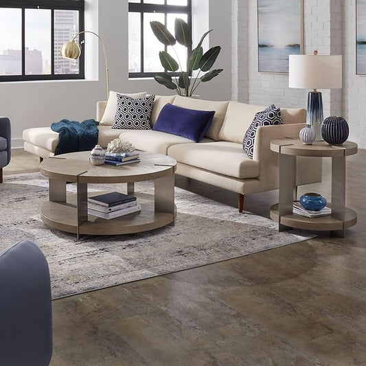Liberty Furniture Harlow Living Room 3 Piece Set - Round Cocktail Table, 2 End Tables - Sandstone & Satin Nickel