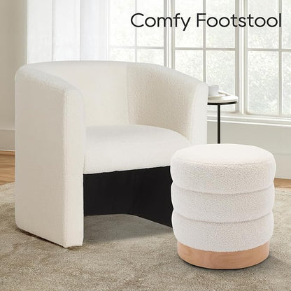 COLAMY Sherpa Ottoman Footstool, Tufted Modern Foot Rest Stool with Wood Base for Living Room, Bedroom, Desk, Round Versatile Side End Table, Pouf, Makeup Seat, Cream