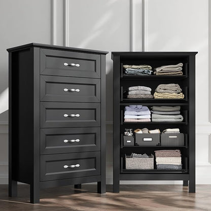 LINSY HOME Tall Dresser for Bedroom with 5 Drawers, 45" Tall Dressers & Chests of Drawers, Modern Farmhouse Large Vertical Dresser with Wood Legs for Bedroom, Closet, Living Room, Hallway, Black