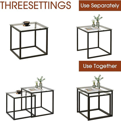 Garden 4 you Coffee Table Set of 2, Modern Glass Nesting Table, Metal Frame Square Center Table Set, Side Tables, Nesting Coffee Table for Living Room, Bedroom and Small Spaces, 19.7in Black
