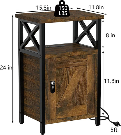 Wooden Nightstand with Lock, Bed Side Table with Drawers, Bedside Table with Charging Station, 3 USB & 2 Outlets, Night Stand with Storage, End Tables for Living Room, Bedroom, Dorm, Brown