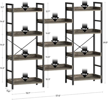 Rolanstar Bookshelf 4 Tiers with 4 Hooks, Triple Bookcase with Open Display Shelves, Industrial Wide Bookshelf with Metal Frame for Living Room, Office, Grey