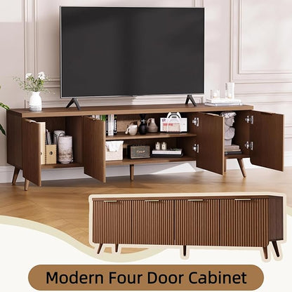 TV Stand for Up to 60" TVs, Modern Entertainment Center with 4 Cylindrical Stripe Doors, Media Console Table with Solid Wooden Legs, Modern TV Stand for Living Room, Bedroom, Walnut