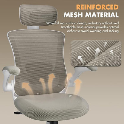 High Back Office Chair with Adjustable Lumbar Support & Headrest, Ergonomic Mesh Desk Chair with Flip-Up Armrests, Breathable & Comfortable Computer Chair for Home, Office & Study, Khaki