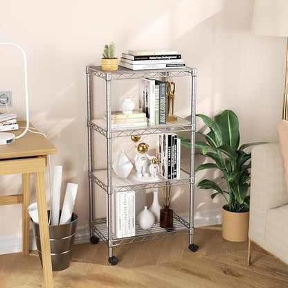 SINGAYE 4 Small Shelves Storage Shelf Wire Shelving Unit Metal Shelf Adjustable Organizers Storage Shelving with Wheels for Bathroom Laundry Room Kitchen Pantry