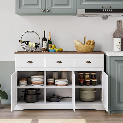 Keyluv White Buffet Cabinet Storage Sideboard Farmhouse Server Bar Wine Cabinet with 3 Drawers & 3 Doors Adjustable Shelves Console Table for Dining Living Room Kitchen Cupboard