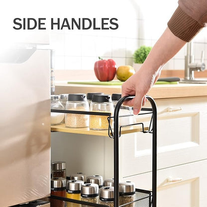 KINGRACK 4-Tier Slim Rolling Cart,Metal Utility Cart,Slide Out Storage Cart with Wooden Tabletop and Mesh Baskets for Narrow Space on Kitchen Bathroom Laundry Room Bedroom Apartments Dormitory, Black