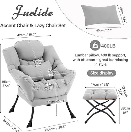 Lazy Chair with Ottoman, Modern Lounge Chair with Lumbar Pillow, Accent Cozy Reading Armchair and Folding Footstool for Bedroom, Dorm, Living Room,Light Grey
