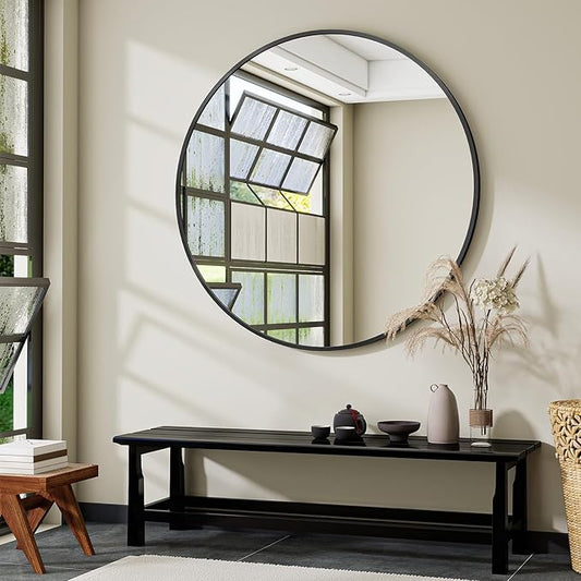 Black Round Bathroom Mirror, 48 inch Large Circle Wall Mounted Hanging Mirror with Simple Modern Circular Metal Frame for Hallway, Entryway, Living Room, Black Frame