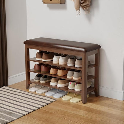 Shoe Bench with Leather Cushion, 3 Tiers Shoe Storage Bench Height Adjustable, Walnut Wood Entryway Bench for Hallway, Mudroom