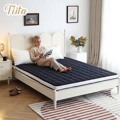 Tiita Japanese Floor Mattress, 4” Thicken Futon Mattress with Storage Bag and 2 Straps， Twin Size Sleeping Tatami Mat for Adults，Black