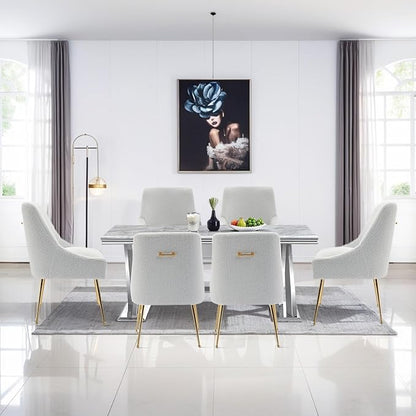 Dining Chairs Medieval Modern Restaurant Chairs, Soft Cushions, Teddy Velvet, Polished Gold Metal Legs, Kitchen Chairs, Living Room White 6-Piece Set