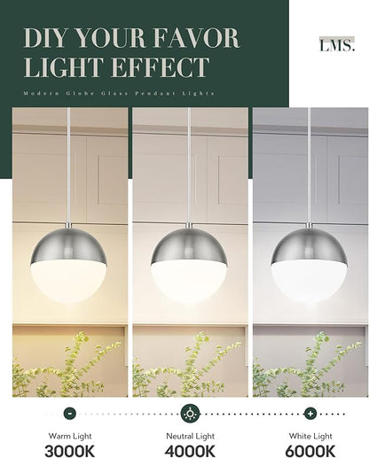 LMS Mid Century Pendant Lights, Brushed Nickel Kitchen Island Light Fixtures with White Globe Glass Shade, Adjustable Hanging Cord, 2-Pack for Home Office Dining Room Bathroom, LMS-186PL-BNWS2PK