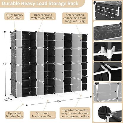 Portable Shoe Rack with Door, 64 Pairs Cabinet Easy Assembly, Plastic Adjustable Shoe Storage Organizer Stackable Detachable Free Standing DIY Expandable 8 Tier Black