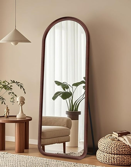 Delma Arched Full Length Mirror, Free Standing Floor Plush Flannel Frame Mirror for Leaning or Hanging, Soft Touch Bedroom & Living Room Decor, Dark Brown