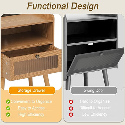 AWASEN Mid Century Nightstand with Charging Station, Modern Bedside Table with Glass Decorative Drawer, Small End Side Table with 2 Tiers Storage for Bedroom, Office and Small Space(Brown)