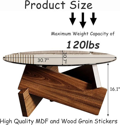 Honyee Morden Rounded Coffee Table, 30.7" x 30.7" x 16.1" Tempered Glass Top for Living Room, Color: Walnut