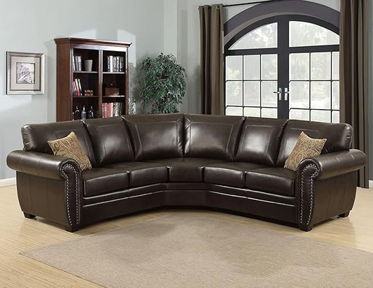 AC Pacific Louis Collection Traditional 3-Piece Upholstered Leather Living Room Sectional with Antique Nail Head Trim and 2 Accent Pillows, Brown