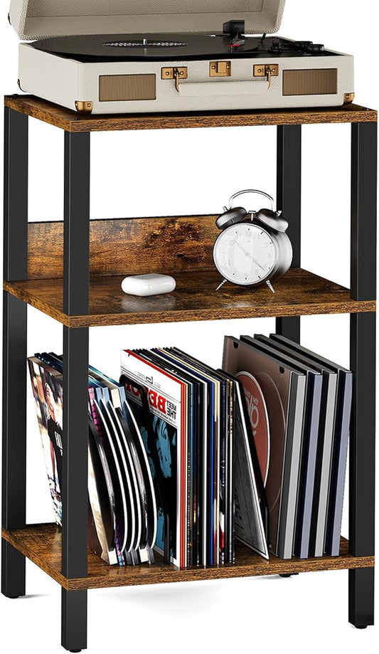 TUTOTAK Record Player Stand with Storage Up to 100 Albums,Record Storage Table,3 Tier End Table,Side Table for Living Room, Bedroom, Brown TB01BB075