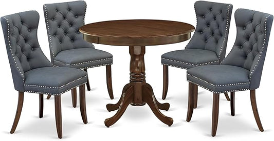 East West Furniture ANDA5-AWA-13 5 Piece Kitchen Table & Chairs Set Contains a Round Dining Table with Pedestal and 4 Polyester Fabric Parson Chairs, 36x36 Inch, Antique Walnut
