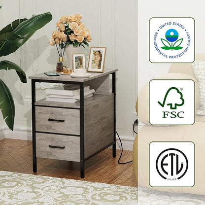 End Table with Charging Station, Narrow Side Table with 2 Fabric Drawer & Storage Shelf, USB Ports & Power Outlets, Narrow Nightstand for Bedroom Living Room Small Spaces, Greige