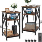 End Table with Charging Station, End Tables Living Room Set of 2 Farmhouse, 12" D x 16" W x 28" H, 28 inch Tall Side Tables, Rustic Wood End Tables, Couch Side Tables Set of 2