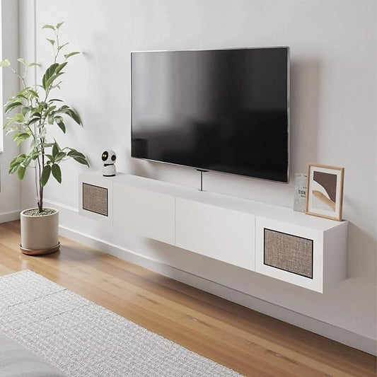Pmnianhua Boho Floating TV Stand 70", Modern Wall Mounted Media Console with Cotton-Rayon Doors for Under TV Shelf,Entertainment Center,Living Room,Bedroom(White)