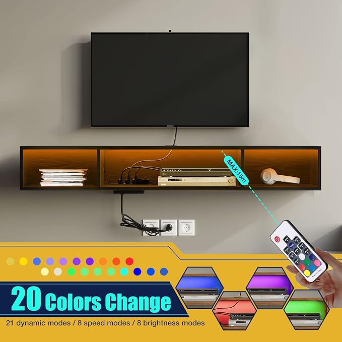 Rolanstar TV Stand with Power Outlet, Floating TV Stand with RGB Lights, 55.1" Wall Mounted TV Shelf, Black Media Console with Storage Shelf, Entertainment Under TV for Living Room, Bedroom
