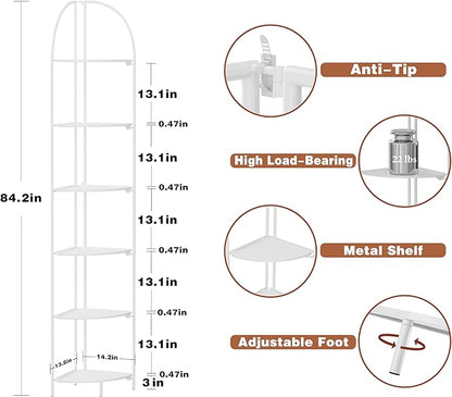Crofy Foldable 6 Tier Corner Shelf, Metal Corner Plant Stand with White Frame and White Shelves, Corner Display Rack Multipurpose Shelving Unit for Living Room, Bedroom, Bathroom