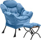 Lazy Chair with Folding Ottoman, Accent Chair Velvet Upholstered with Metal Structure and Non-Slip Pads, Sofa Armchair with Footrest and Side Storage Bag for Dorm, Room, Office, Light Blue