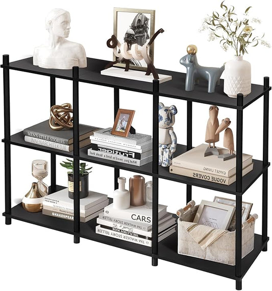 YGYQZ Short Book Shelf - 3 Tier Open Back Long Horizontal Wood Bookcase, 6 Cube Storage Shelf for Office Living Room Bedroom, Modern Black