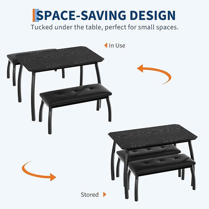 GAOMON Dining Table Set for 4, Metal Frame Kitchen Table Set with 2 Upholstered Bench, 3 Piece Dining Room Table Furniture for Apartment, Studio, Home, Easy Assembly, Black