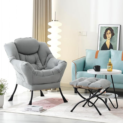 Lazy Chair with Ottoman, Modern Accent Chair Contemporary Lounge Leisure Sofa Chair with Armrests, Reading Chair and Folding Footstool Set for Living Room, Bedroom, Office, White Grey