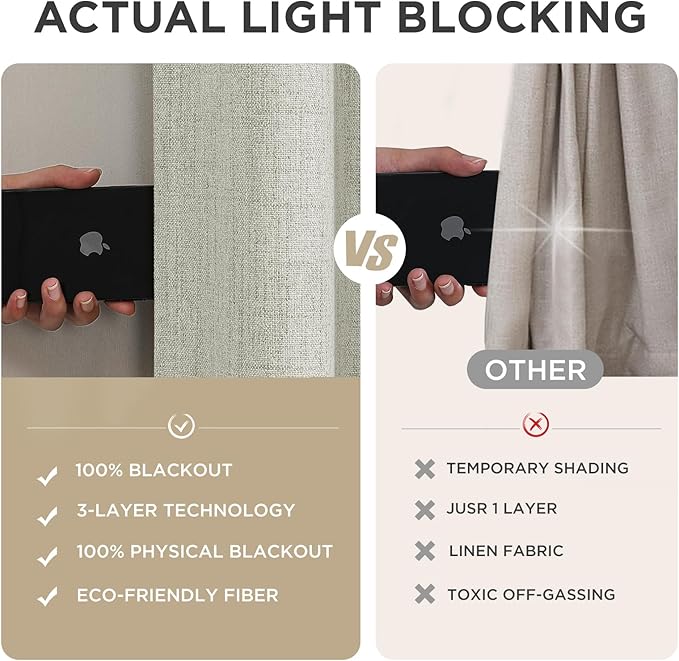 Joydeco 100% Blackout Curtains for Bedroom - Natural Linen Curtains 42" W x 84" L Long, Thermal Insulated 2 Panels Light Beige. Room Darkening Light Blocking Drapes for Living Room