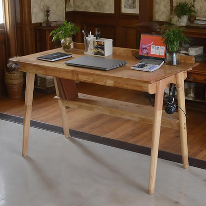 Oak Desk with Drawers, Solid Wood Desk with Bookshelf Small Computer Desk for Small Spaces Mid-Century Modern Wood Writing Desk with 2 Drawers for Home Office 39"