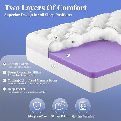 OhGeni Cooling 4 inch Dual Layer Queen Mattress Topper, 2 inch Cooling Gel Memory Foam, 2 inch Down Alternative Pillow Top Pad, Mattresses Cover for Bed, Medium Support, Fits 6”-19” Deep Pocket,Purple