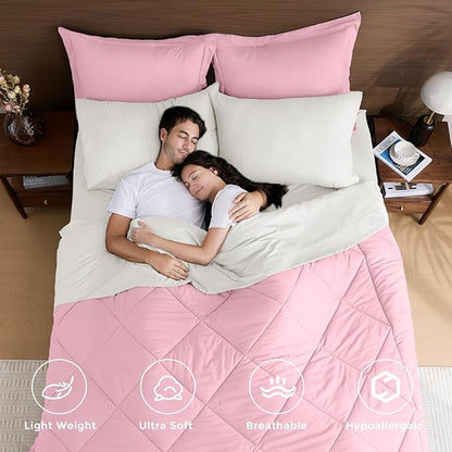 HEVUMYI Full Comforter Set - 7-Piece All Season Bed in a Bag Full, Ultra Soft Bedding Set with Comforter, Flat Sheet, Fitted Sheet, Pillowcases, Pillow Shams, Pink & Ivory