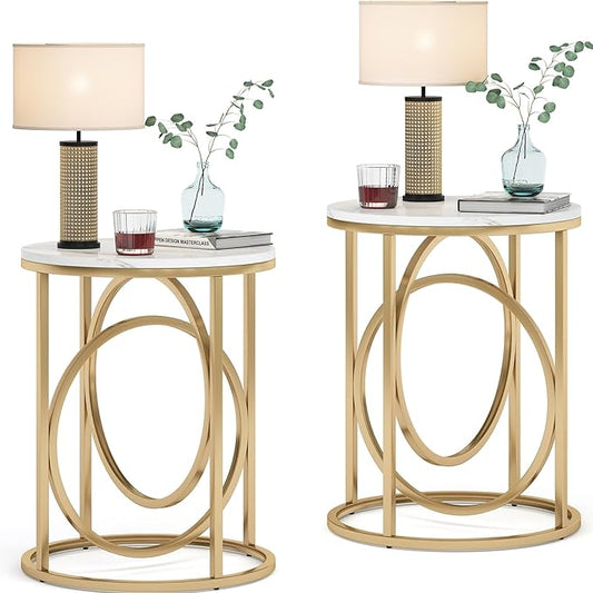 Tribesigns Round End Table for Living Room Set of 2, Modern Marble Side Table with Gold Metal Frame, White and Gold Accent Table, 26-Inch Tall Narrow Nightstand for Bedroom