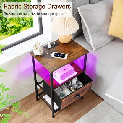 Night Stand Set 2, LED Nightstand with Charging Station, End Tables Living Room with Fabric Drawer for Small Spaces, Side Tables with Storage Shelf for Bedroom, Brown HETS01PBR